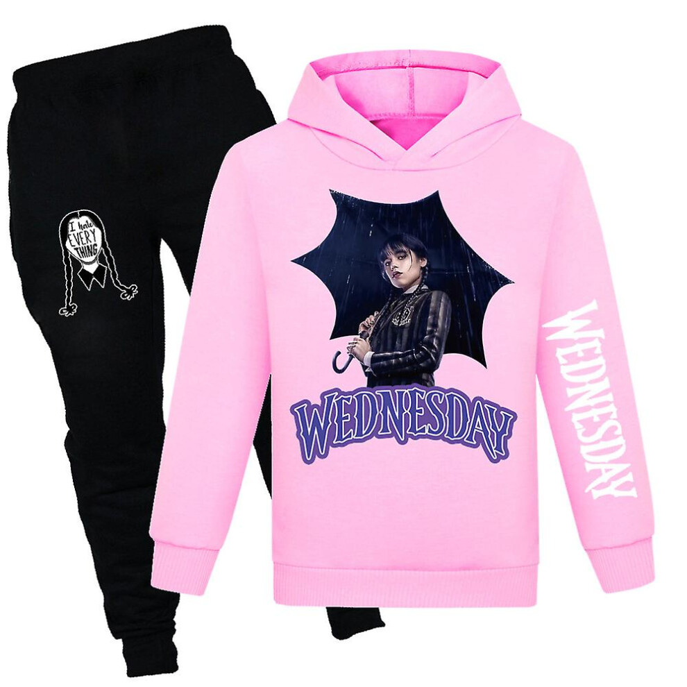 (Pink, 9-10 Years) Wednesday Addams Print Tracksuit Kids Girls Casual Hooded Sweatshirt Jogger Pants Outfit Set Activewear