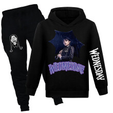 (Black, 13-14 Years) Wednesday Addams Print Tracksuit Kids Girls Casual Hooded Sweatshirt Jogger Pants Outfit Set Activewear