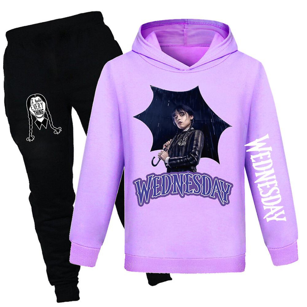 (Purple, 13-14 Years) Wednesday Addams Print Tracksuit Kids Girls Casual Hooded Sweatshirt Jogger Pants Outfit Set Activewear