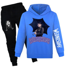 (Dark Blue, 9-10 Years) Wednesday Addams Print Tracksuit Kids Girls Casual Hooded Sweatshirt Jogger Pants Outfit Set Activewear