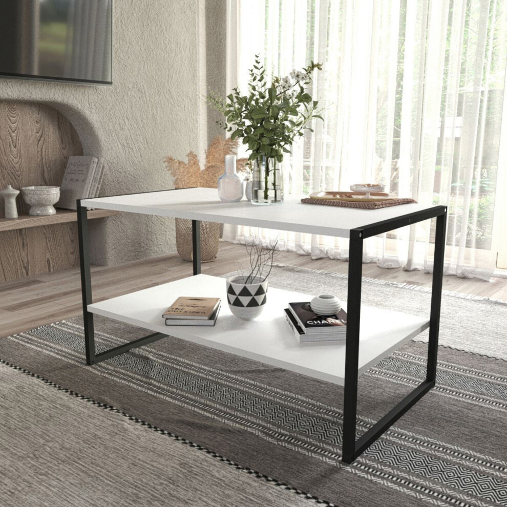 (White) 90cm Rectangle Wooden Coffee Table & Metal Frame