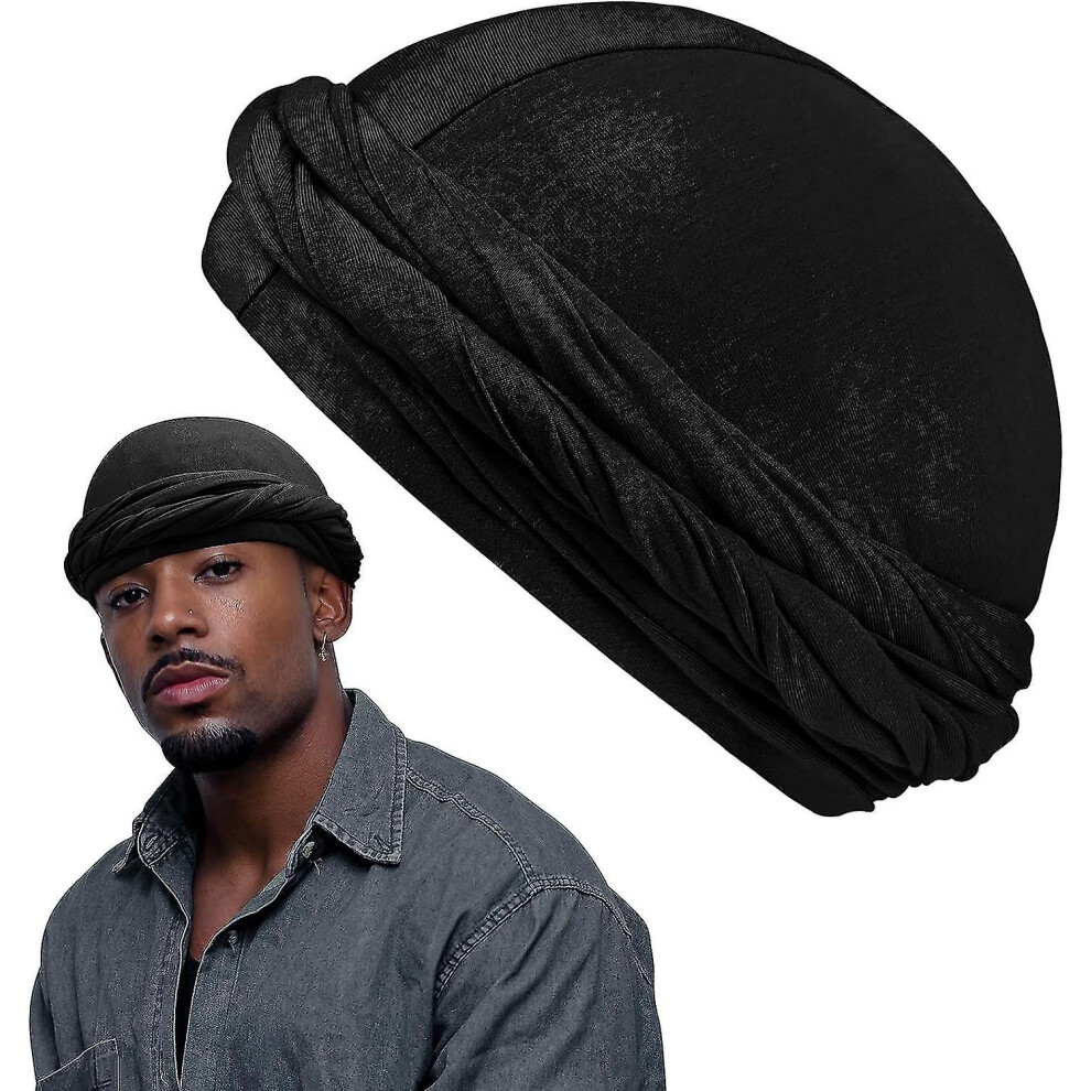 (Black) Halo Turban Headwraps Satin Lined For Men, Pre-tied Head Scarf For Black Men