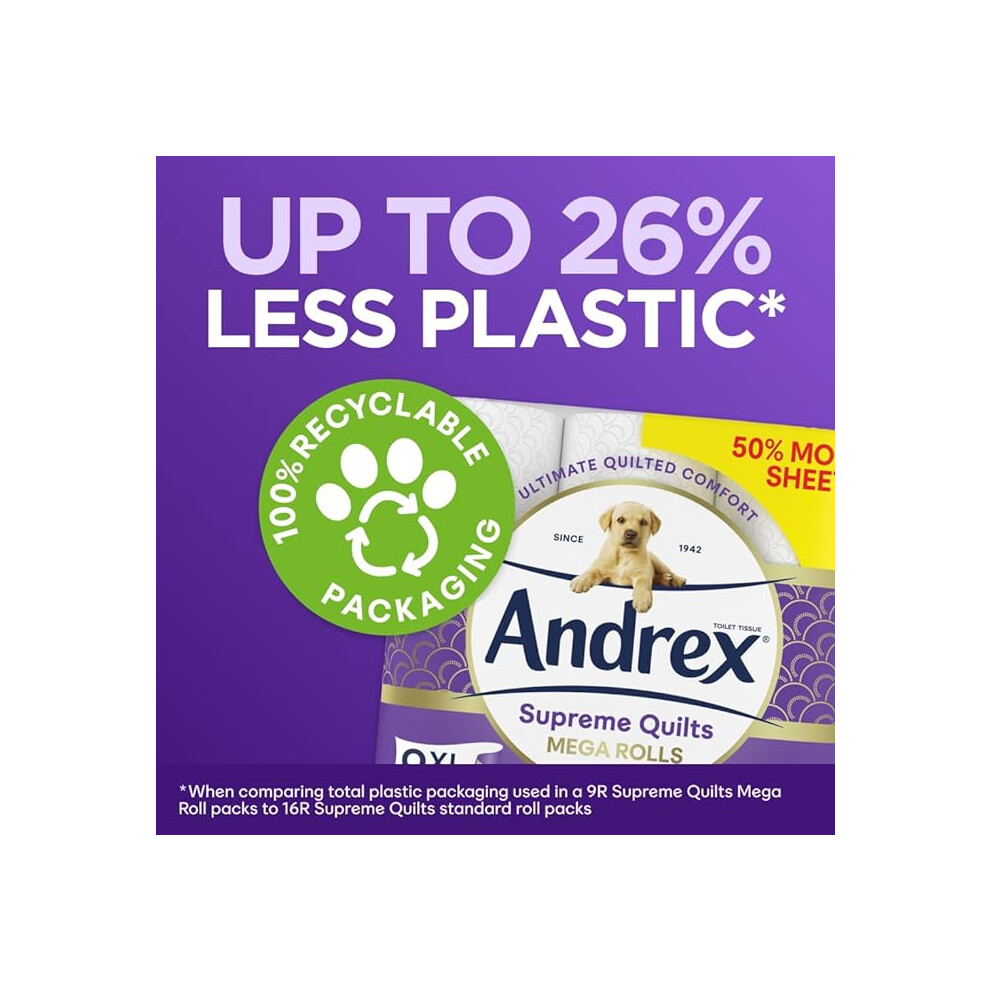 Andrex Supreme Quilts Mega Toilet Roll 9 Mega Rolls 13.5 Standard 3 ply 25 Thicker Paper than Before to Provide Ultimate Quilted Comfort