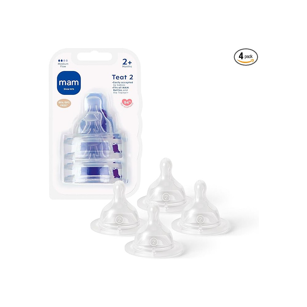MAM Teats Size 2, Suitable for 2+ Months, MAM Medium Flow Teats with SkinSoft Silicone, Fits All MAM Baby Bottles, Baby Feeding Essentials, Pack of 4