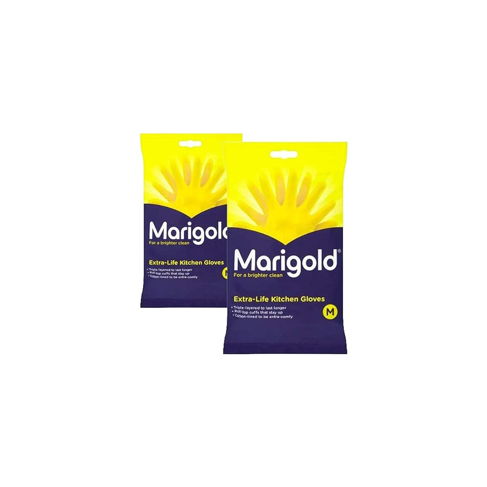 Marigolds Unisex Marigold-gloves-medium Marigold Extra Life Kitchen Gloves Medium 2 Pairs Yellow M Pack of UK-image-OPC-PDXCWMH-NEW