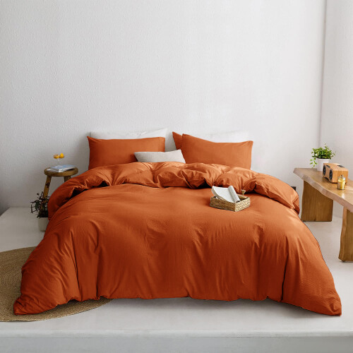(DOUBLE, RUST) Plain Duvet Quilt Covers Reversible Bedding Set