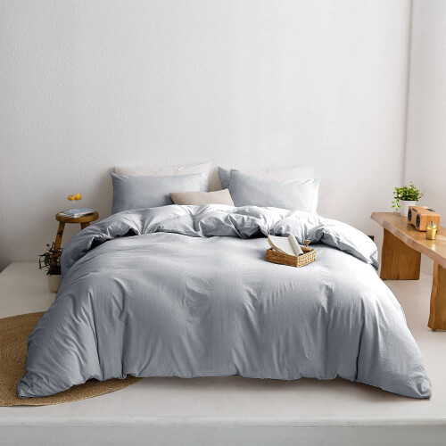 (SINGLE, SILVER) Plain Duvet Quilt Covers Reversible Bedding Set