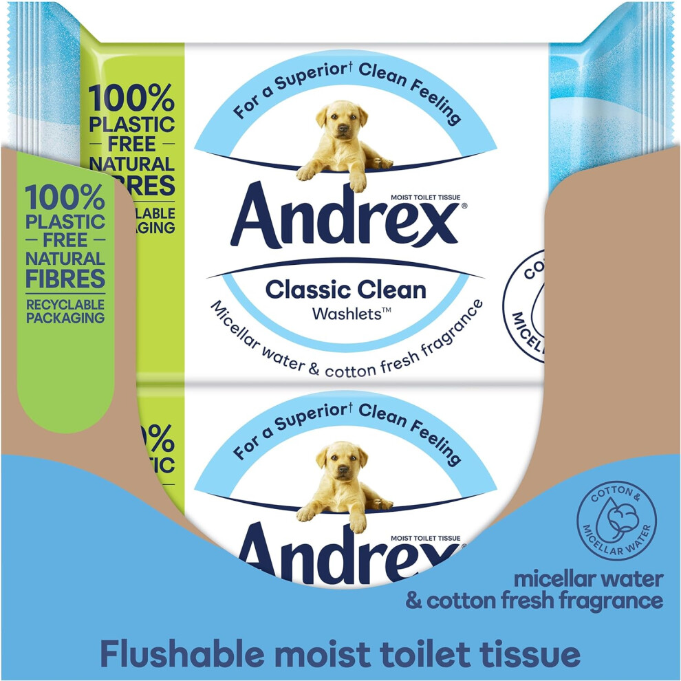 Andrex Classic Washlets 12 Packs Flushable Toilet Tissue Wipes Micellar Water-Biodegradable & Plastic-Free Use Regular Toilet Roll Shower Fresh Clean