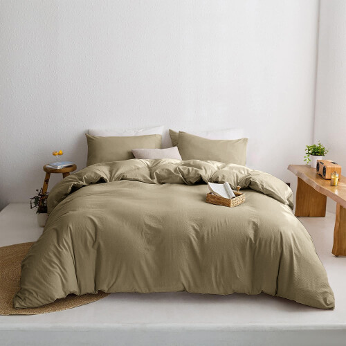 (SINGLE, BEIGE) Plain Duvet Quilt Covers Reversible Bedding Set