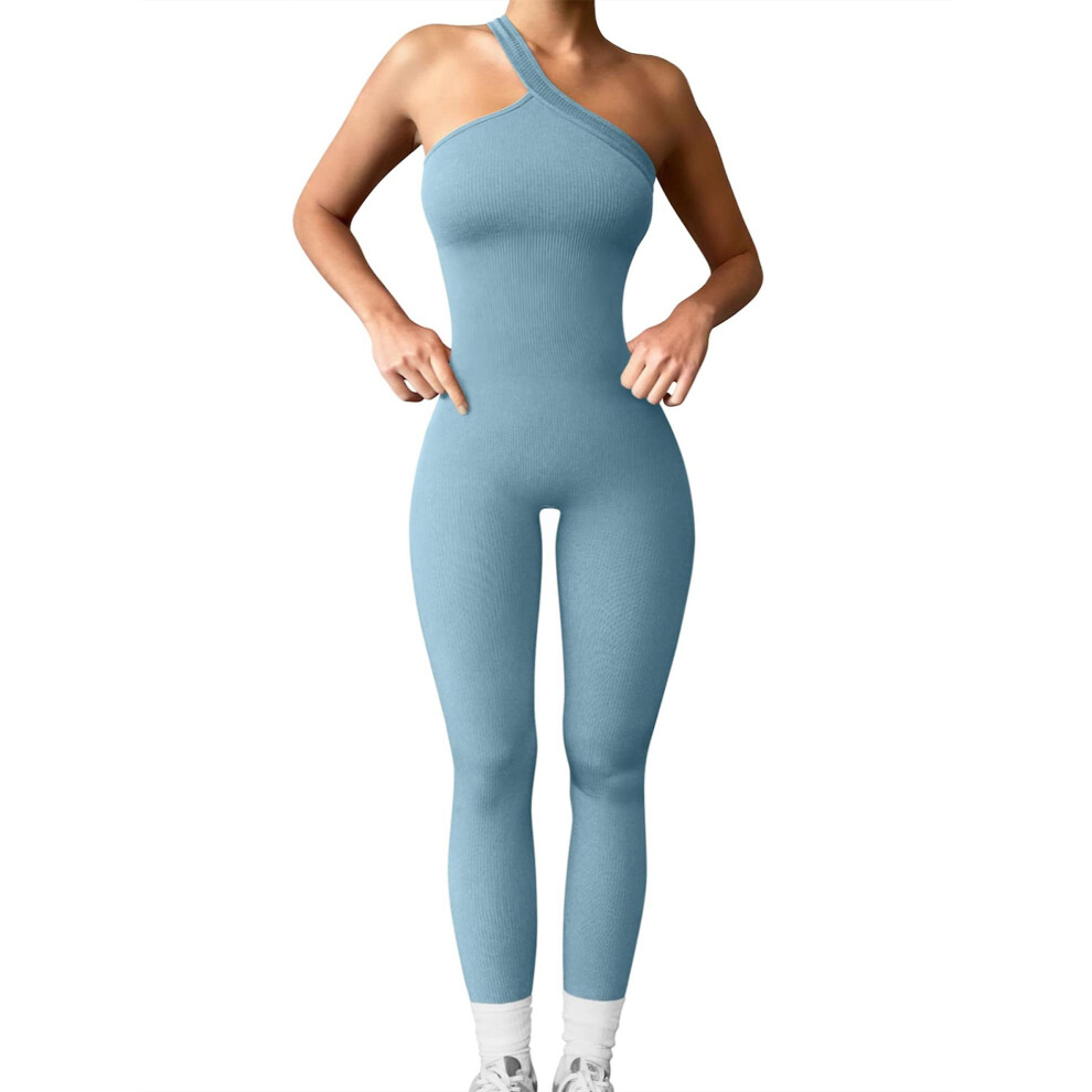 (Light Blue, L) Women Workout Yoga Jumpsuit Sleeveless One Shoulder Ribbed Fitted One-piece Romper Casual Full Length Jumpsuit