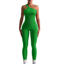 (Green, S) Women Workout Yoga Jumpsuit Sleeveless One Shoulder Ribbed Fitted One-piece Romper Casual Full Length Jumpsuit