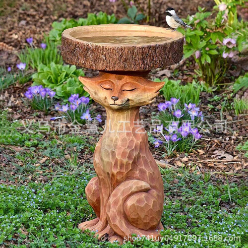 (Fox bird feeder) Garden decoration raccoon resin ornaments crafts gardening bird drinking water ornaments