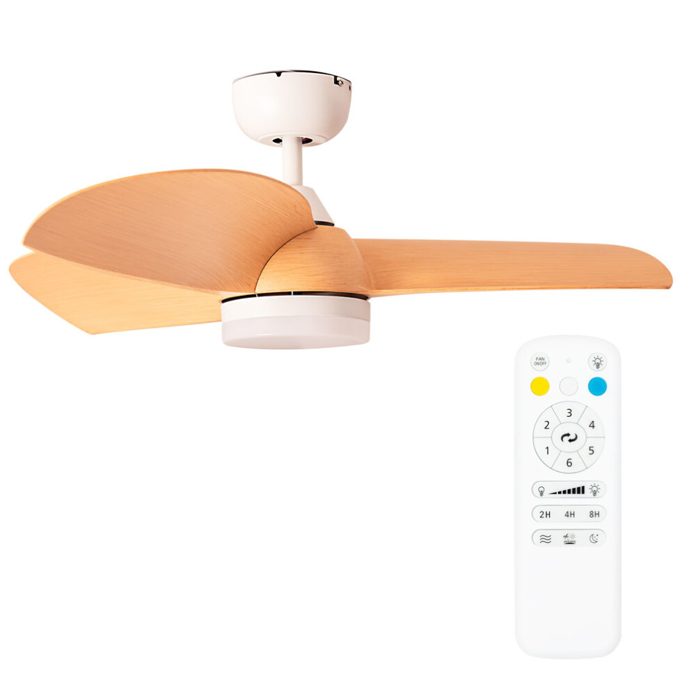 36 Inch Integrated LED Ceiling Fan with Remote Control, 3 Blades, Timer and 6 Speed Functions - White and Beechwood