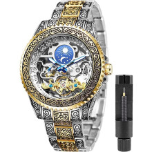 Luxury Vintage Automatic Men Watch Engraved Carved Watch Rotatable VEANXIN Men Moon Phase Tourbillon Watches Skeleton Automatic Mechanical Stainless