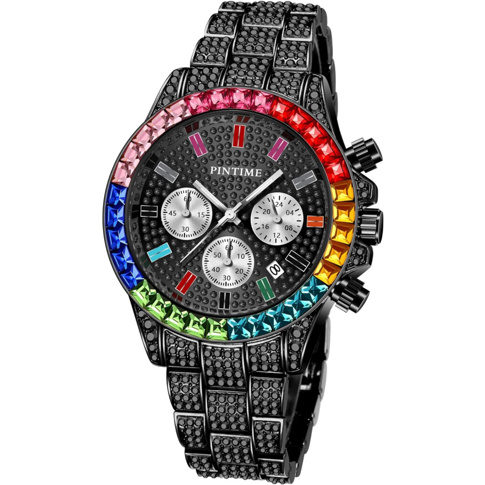 VEANXIN Luxury Bling-ed Ladies Watch Iced Out Colorful Crystal Rhinestone Diamond Watch for Women Men's Stainless Steel Bracelet Wristwatch