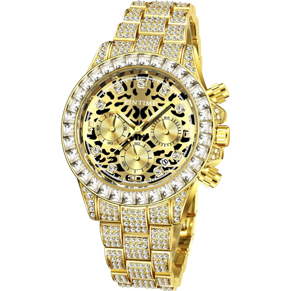 VEANXIN Bling-ed Ladies Leopard Dial Watch with Chronograph Crystal Rhinestone Diamond Watch for Women Men's Stainless Steel Bracelet Wristwatch
