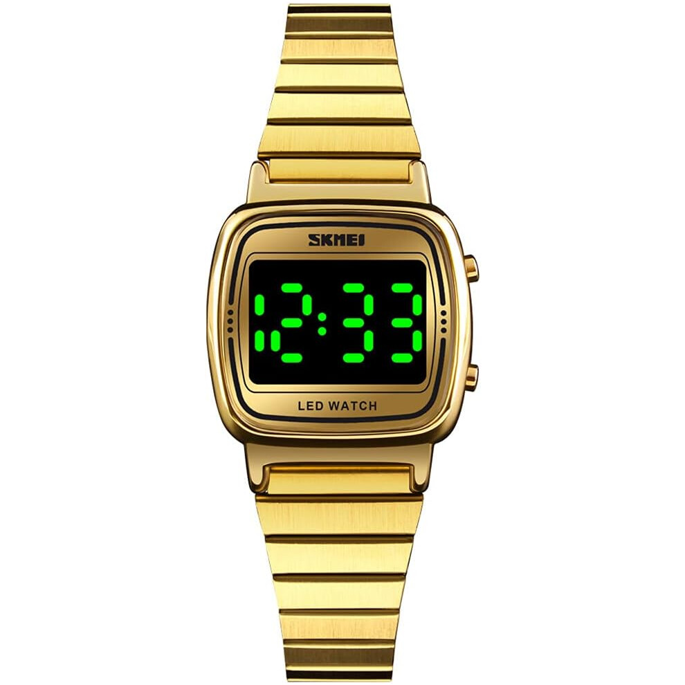 Digital Watch Womens Thin Gold Stainless Steel Watch Backlight Timer Waterproof Alarm Clock LED Sports Watch