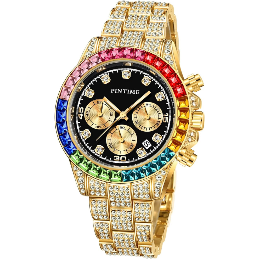Veanxin Luxury Bling-Ed Out Colorful Dial Full Diamond Hip Hop Rocks Watches Quartz Analog Stainless Steel Bracelet Wrist Watch