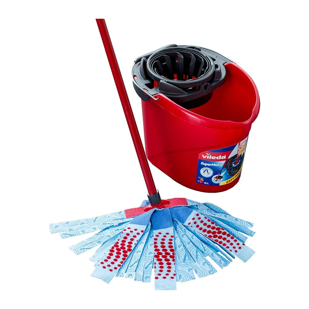 Vileda SuperMocio 3 Action Mop and Bucket Set, Mop for Cleaning Floors, Set of 1x Mop and 1 x Bucket, Red/Grey/Blue, 6 x 15 x 117 cm