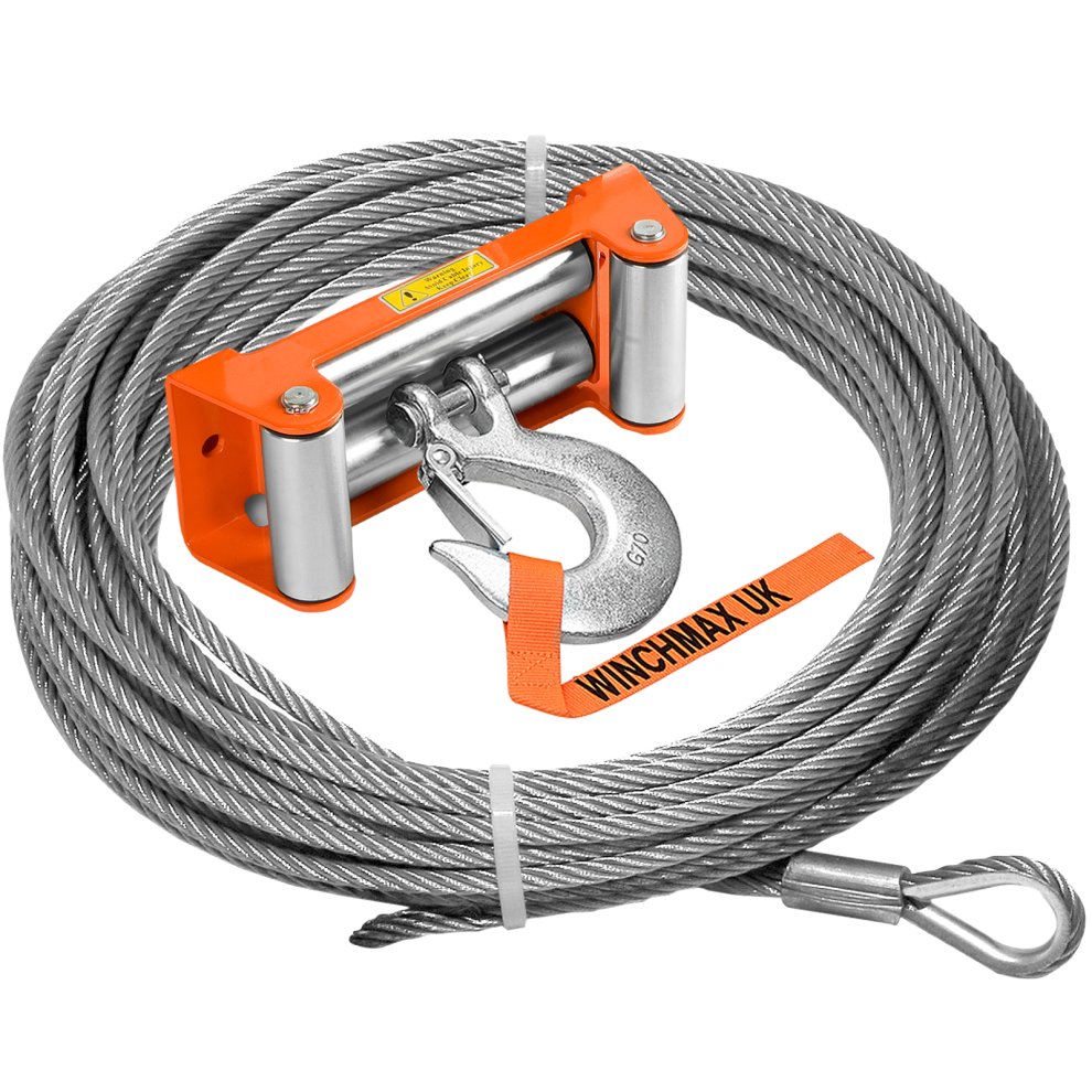 Steel Rope 26m X 12mm, Orange Roller Fairlead. 1/2 Inch Clevis Hook.