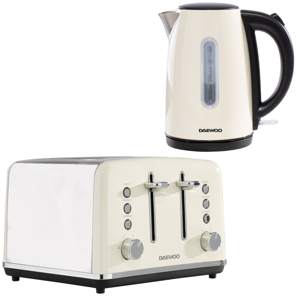 (Cream) Daewoo Kensington Retro Matching Stainless Steel 4 Slice Toaster and Kettle Set 1.7 Litres Rapid Boil Auto Off Easy Clean Defrost Reheat