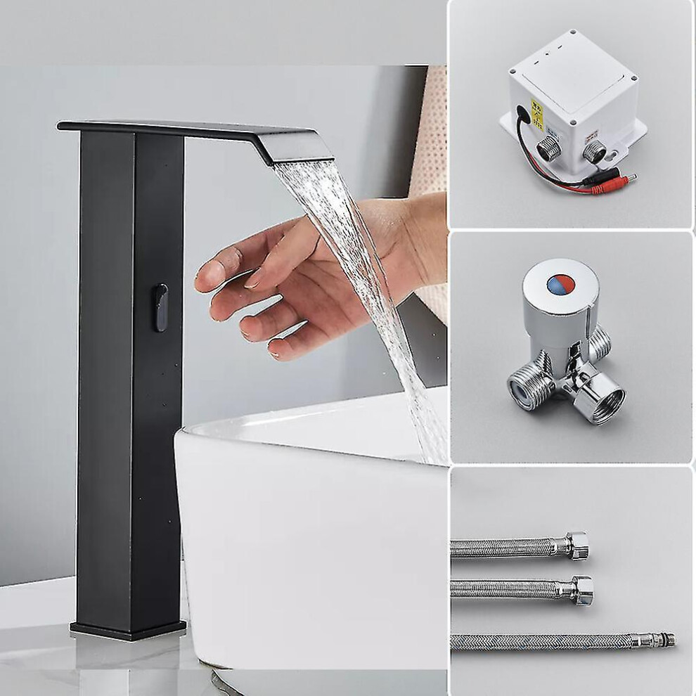 (Black Hot Cold D) Black Sensor Basin Faucet Bathroom Automatic Sensor Watefall Faucet Touchless Free Touch Sink Tap Ho