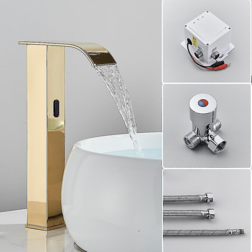 (Gold Hot Cold B) Black Sensor Basin Faucet Bathroom Automatic Sensor Watefall Faucet Touchless Free Touch Sink Tap Ho