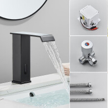 (Black Hot Cold C) Black Sensor Basin Faucet Bathroom Automatic Sensor Watefall Faucet Touchless Free Touch Sink Tap Ho