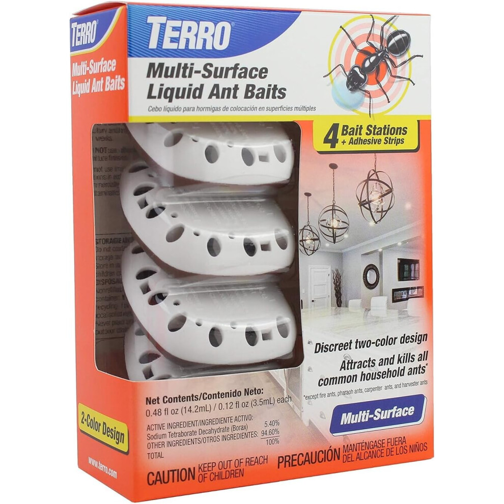 TERRO T334B Indoor Multi-Surface Liquid Ant Bait and Ant Killer - 4 Discreet Ant Bait Stations - Kills Common Household Ants