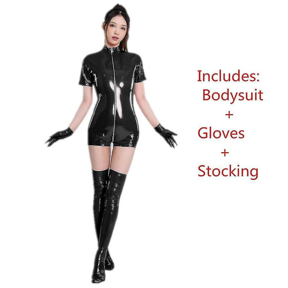 Black (-B, Sm) Sexy Women Pvc Faux Leather Catsuit Zipper Open Crotch Latex Bodysuit Bodycon Demon Queen Cosplay Costume