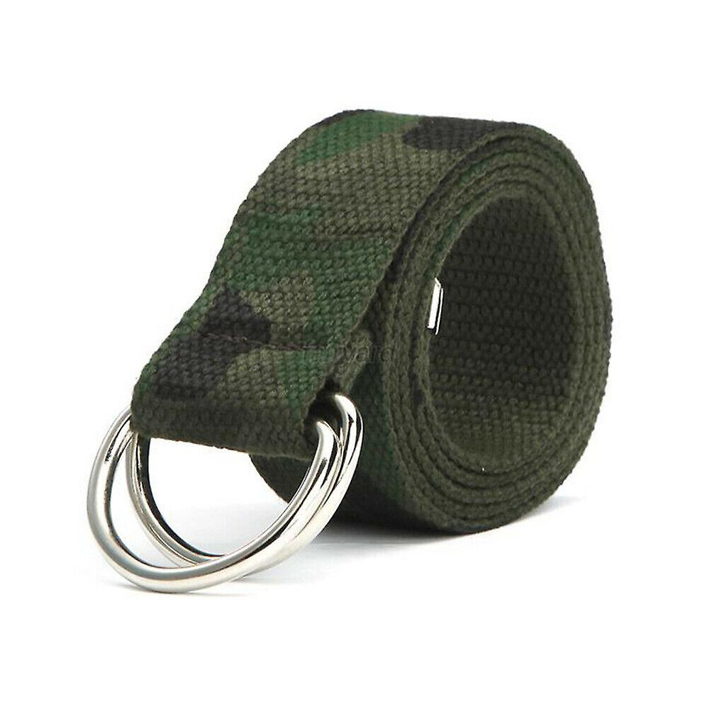 (Camo) Men Women Canvas Belt Webbing Double D Ring Buckle Jeans Waistband