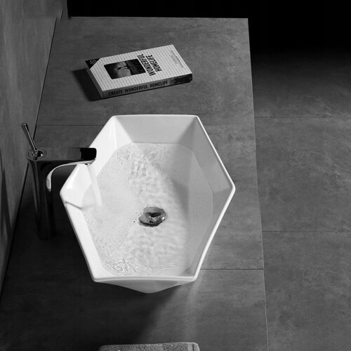 Living And Home Hexagonal White Ceramic Countertop Basin Bathroom Sink W 580 mm 1