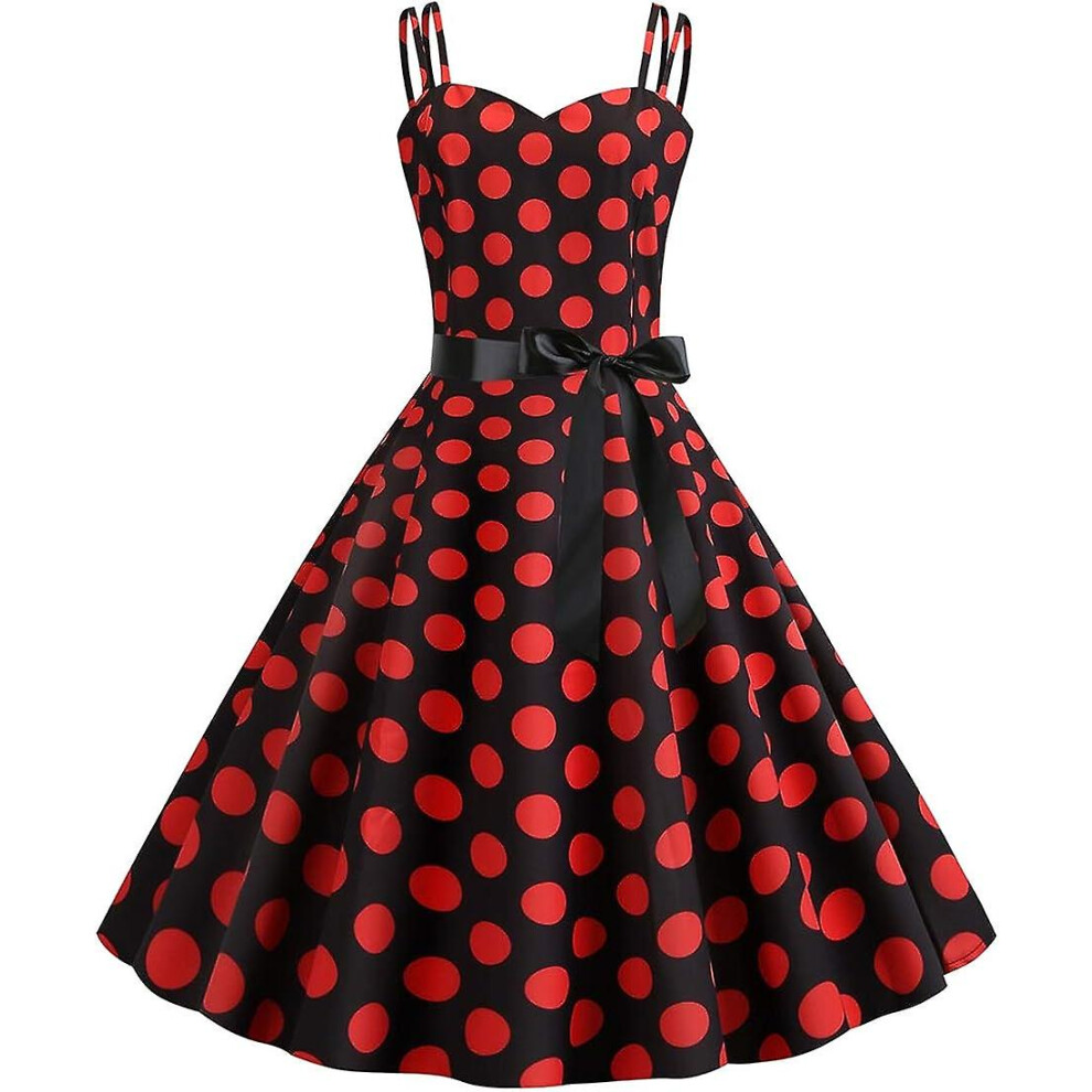 (Red and Black, X-Large) Women's Vintage 1950s Retro Rockabilly Dress Polka Dot Sleeveless Cocktail Evening Party Swing Dresses With Belt