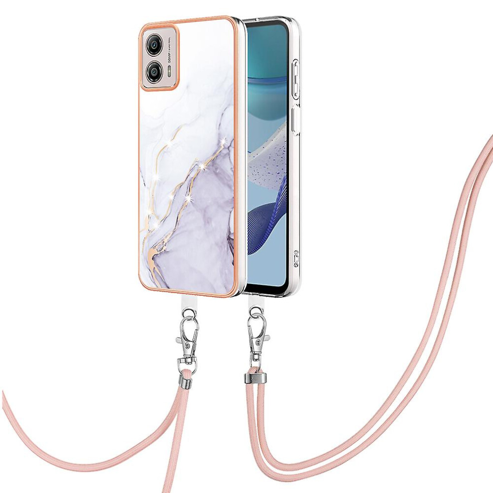 (White 006) Yb Imd Series-9 For Motorola Moto G53 5g / G13 4g Tpu Cover Electroplated Imd Marble Pattern Phone Case With Lanyard