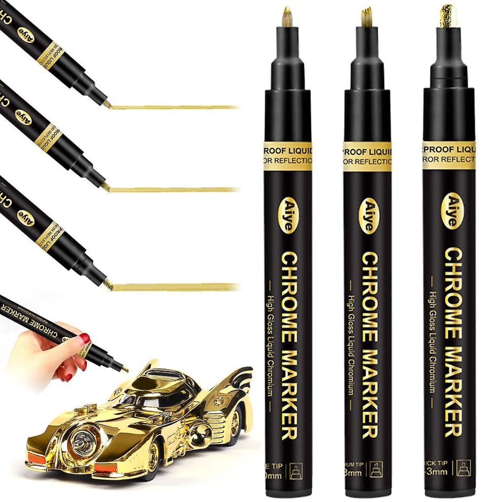 (Gold) 3pcs Liquid Chrome Marker Mirror Liquid Chrome Paint Pen Set Metallic Marking Markers Pen Diy Art Craft Highlight Pen