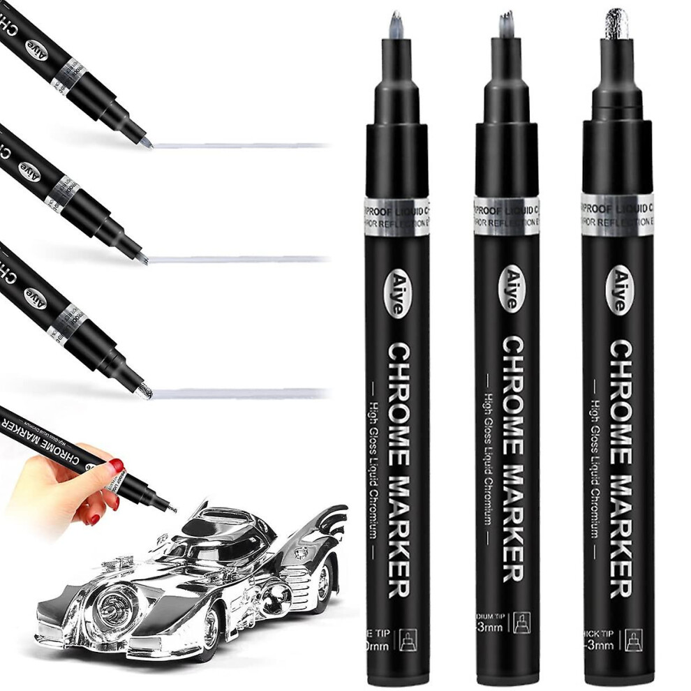 (Silver) 3pcs Liquid Chrome Marker Mirror Liquid Chrome Paint Pen Set Metallic Marking Markers Pen Diy Art Craft Highlight Pen
