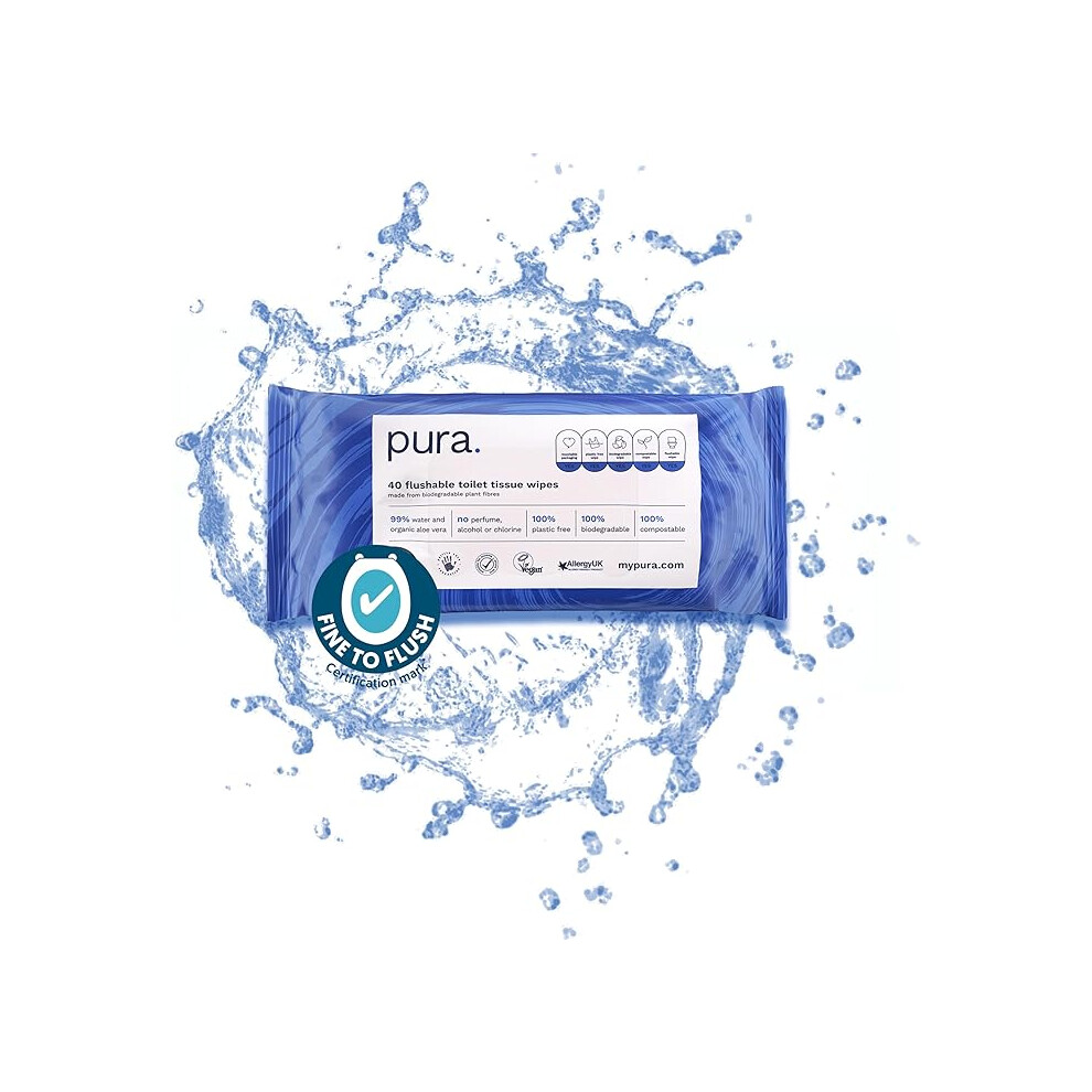 Pura Flushable Moist Toilet Tissue Wipes 1 Pack 40 Wet 100% Plastic Free 99% Water Clean Fine to Flush Biodegradable, Compostable Vegan Gentle Clean