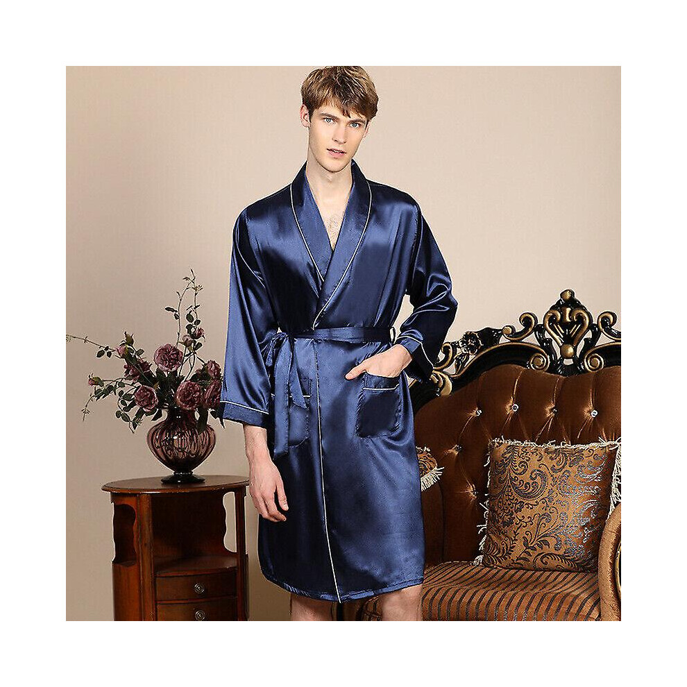 (Blue, 3XL) Mens Satin Silk Luxury Pajamas Kimono Bathrobe Robe Dressing Gown Pjs Loungewear