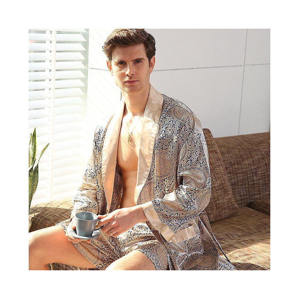 (Golden, M) Mens Satin Silk Luxury Pajamas Kimono Bathrobe Robe Dressing Gown Pjs Loungewear