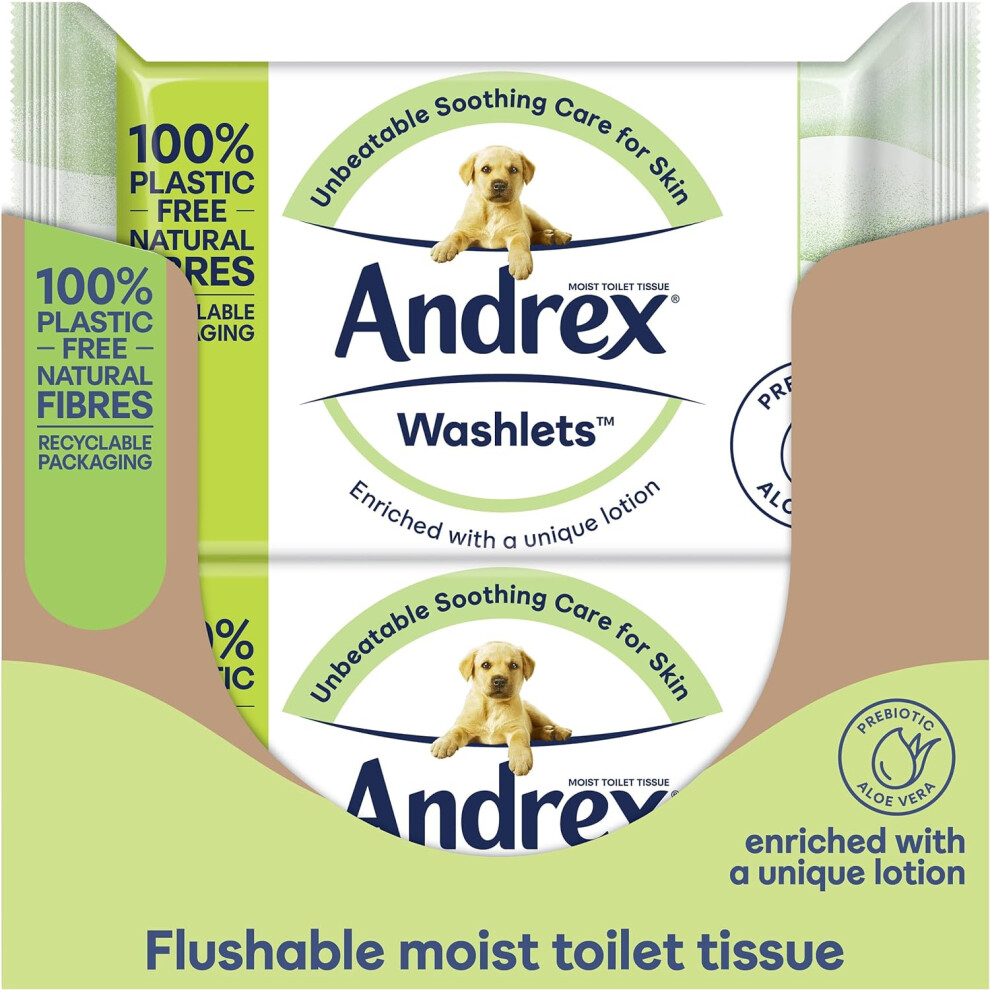 Andrex Ultra Care Washlets 12 Packs Flushable Toilet Wipes Kind Soothing Wipes Contains Aloe Vera and Prebiotic Lotion Biodegradable and Plastic-Free