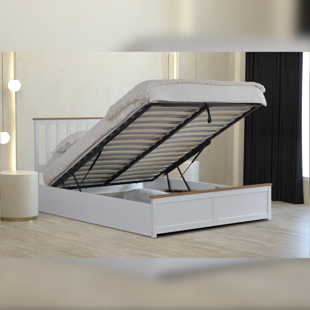 (5ft King Size, With Lucy Mattress) White Wooden Gas Lift Ottoman Storage Bedframe 3ft 4ft 4ft6 5ft