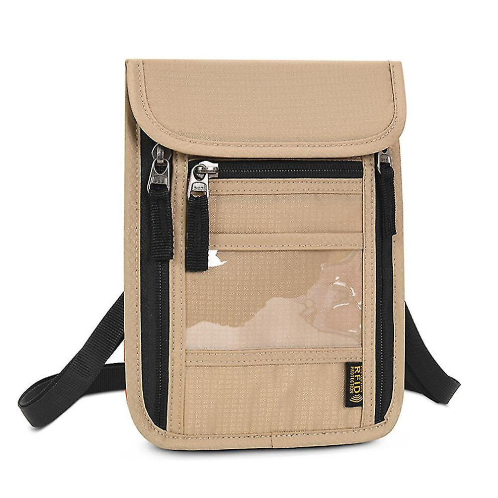 (Khaki) Multifunctional Portable Travel Passport Wallet Rfid Blocking Passport Holder Neck Pouch For Women Men With Adjustable Strap