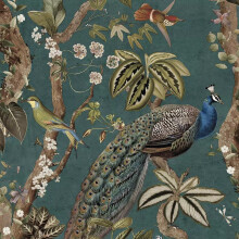 Holden Peacock Woods Tropical Floral Birds Wallpaper Aqua Teal 13682 - Smooth Paper, Wet Removable, 10.05m x 0.53m