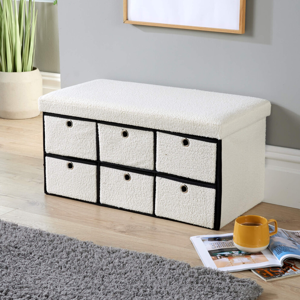 New Home Source Boucle Fabric Folding 6 Drawer Storage Ottoman - Cream