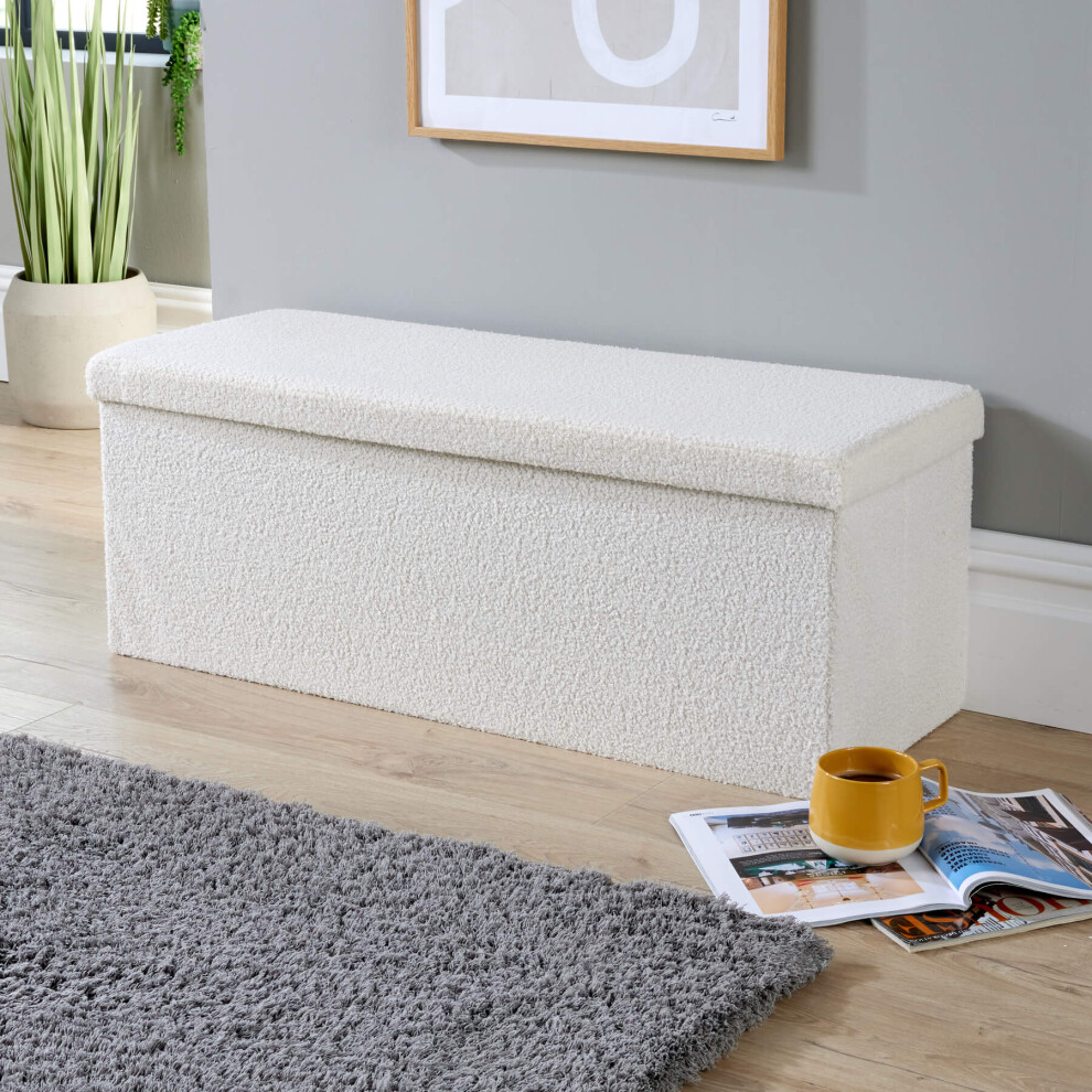 New Home Source Extra Large Boucle Teddy Fur Folding Storage Ottoman Cream