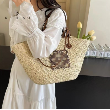( beige) Handmade Straw Bags Summer Luxury Shoulder Bag Woven Vegetable Basket Bag