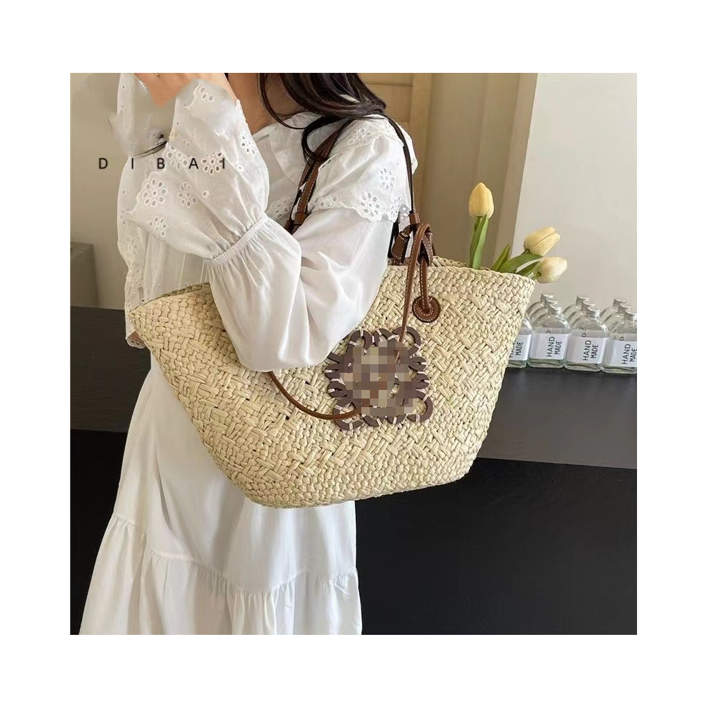 (  beige) Handmade Straw Bags Summer Luxury Shoulder Bag Woven Vegetable Basket Bag