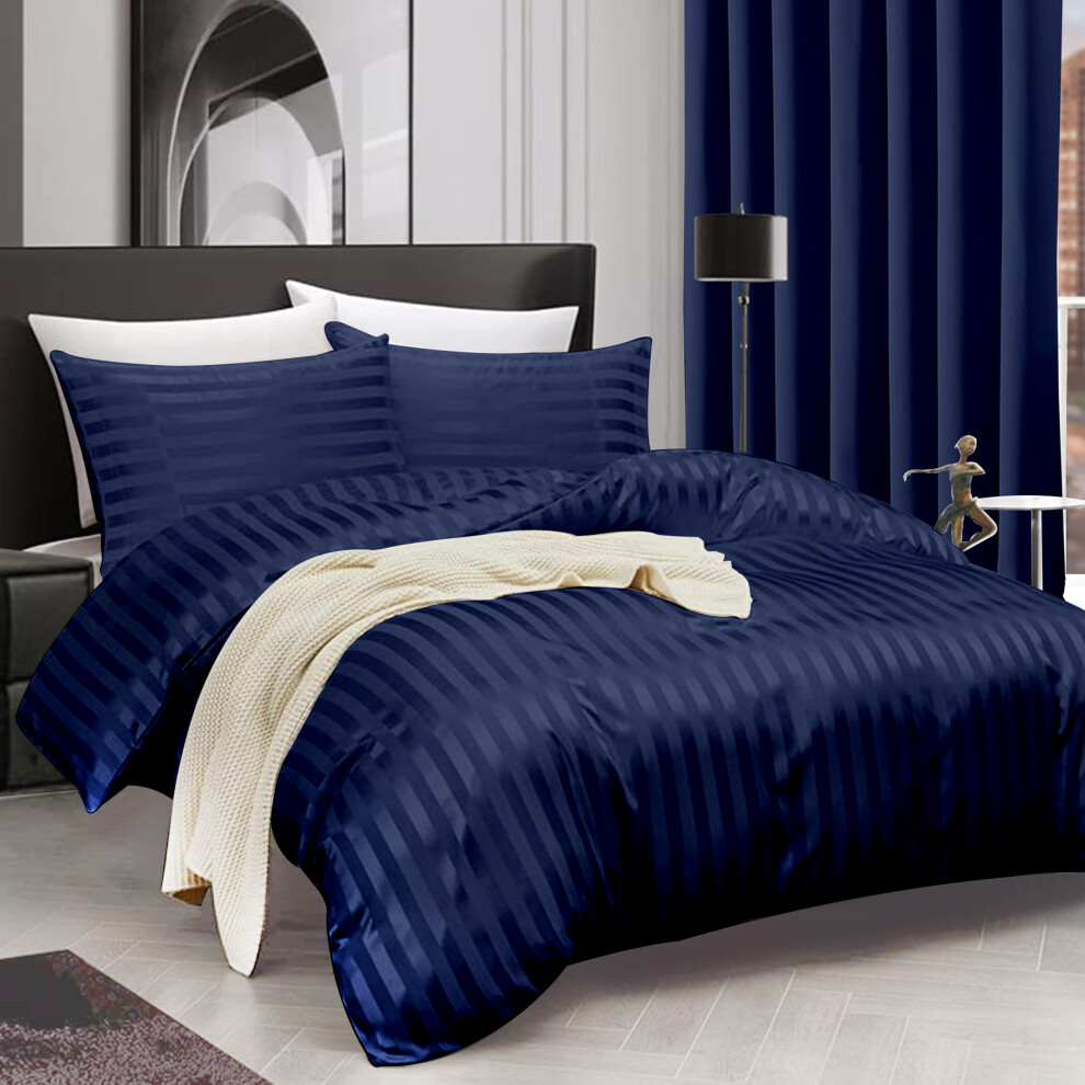 (NAVY BLUE, SINGLE) Stripe Duvet Quilt Cover Set Single Double King