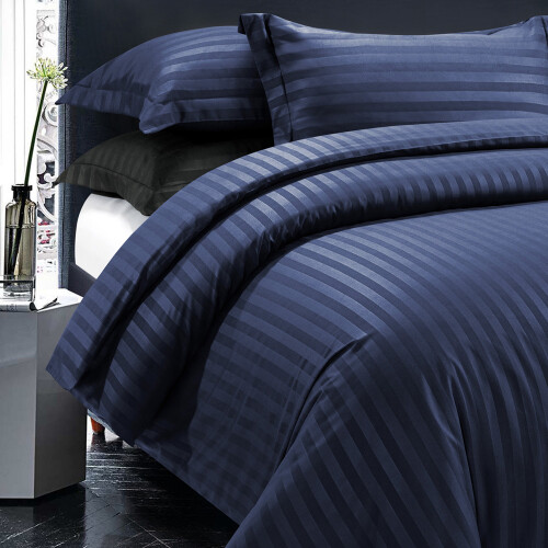 (NAVY BLUE, SINGLE) Stripe Duvet Quilt Cover Set Single Double King 2