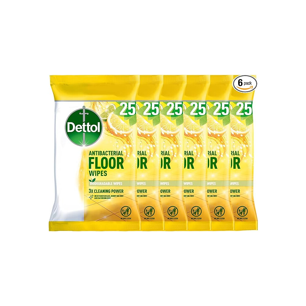 Dettol Antibacterial Floor Wipes, Biodegradable Wipes, Citrus Zest, Multipack Of 6 x 25 Cleaning Wipes